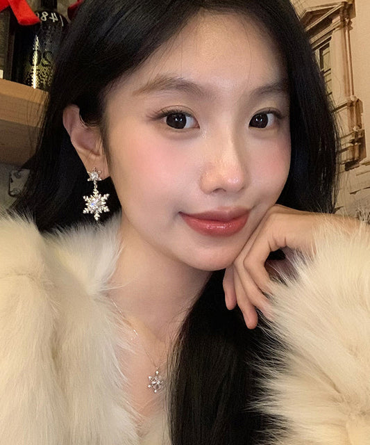 Diy Silk Alloy Zircon Snowflake Tassel Drop Earrings