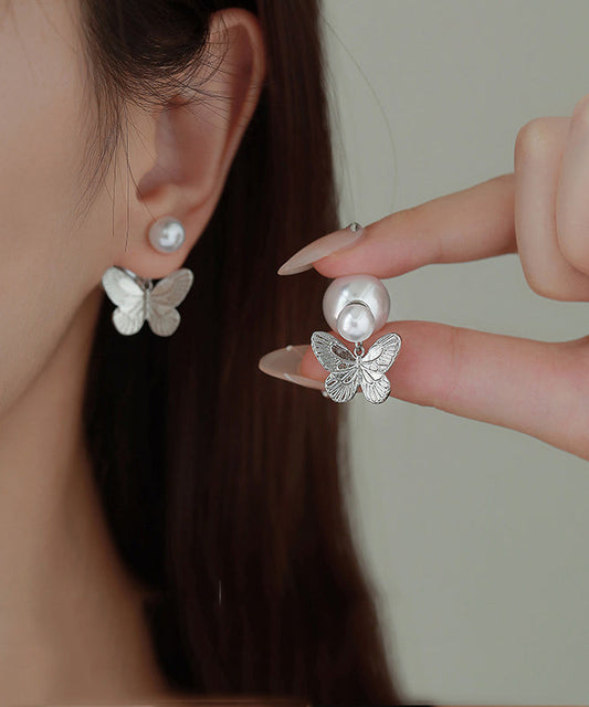 Diy Silk Copper Overgild Pearl Butterfly Stud Earrings
