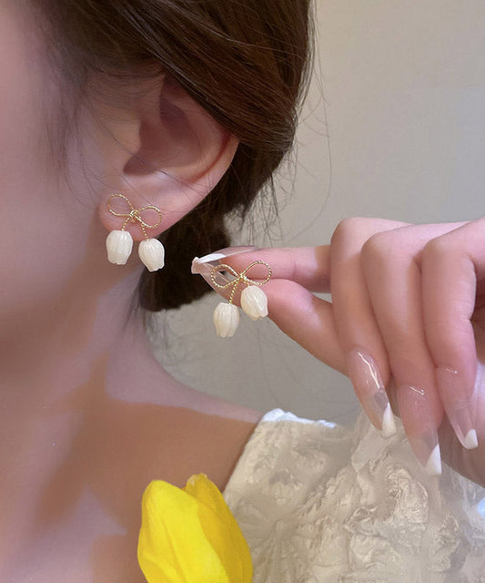 Diy White Alloy Resin Bow Hoop Earrings