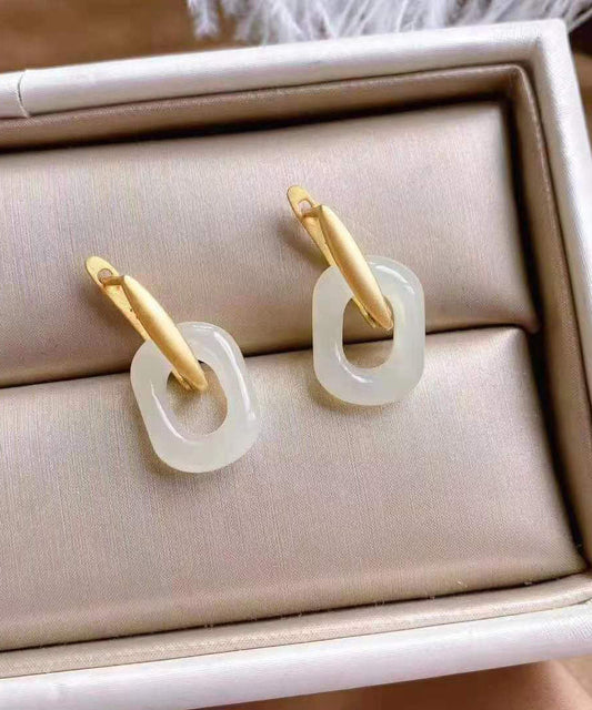 Diy White Sterling Silver Gilded Inlaid Jade Hoop Earrings
