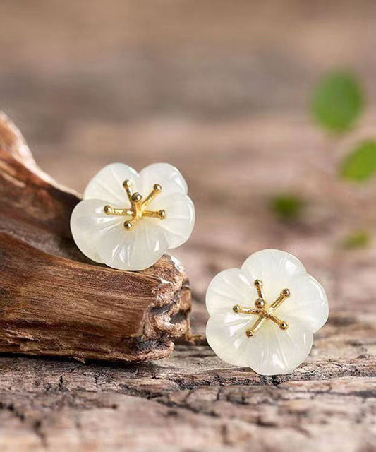 Diy White Sterling Silver Overgild Inlaid Jade Plum Blossom Stud Earrings