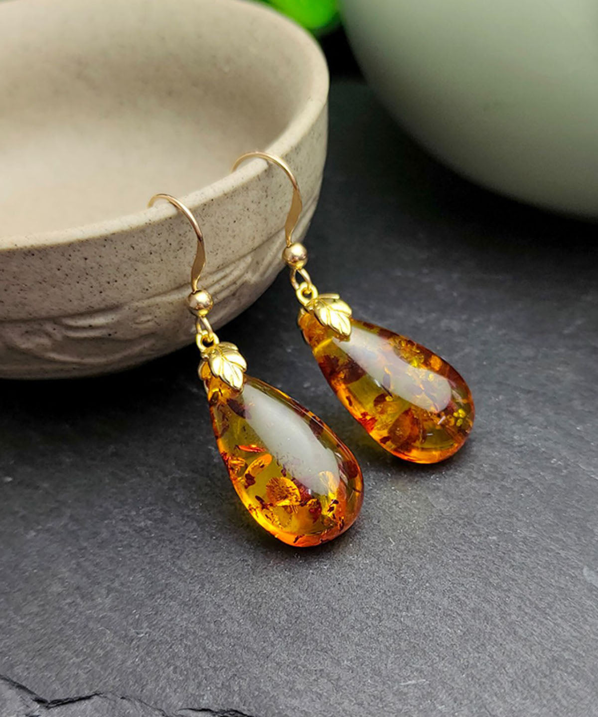 Diy Yellow 14k Gold Amber Water Drop Drop Earrings Tw1038