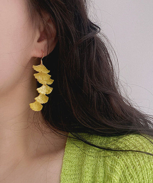 Diy Yellow Overgild Tassel Ginkgo Leaf Drop Earrings