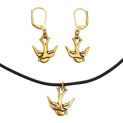 Dragonweave Swallow Bird Charm Necklace and Earring Set, Gold Plated Black Leather Choker and Leverback Earrings