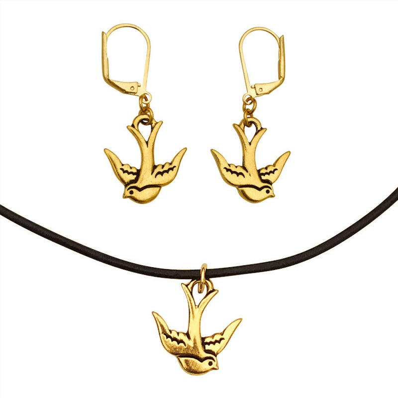Dragonweave Swallow Bird Charm Necklace and Earring Set, Gold Plated Black Leather Choker and Leverback Earrings