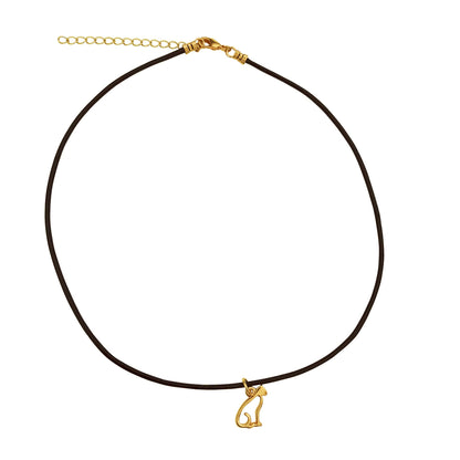 Dragonweave Cat Charm Necklace and Earring Set, Gold Plated Black Leather Choker and Leverback Earrings