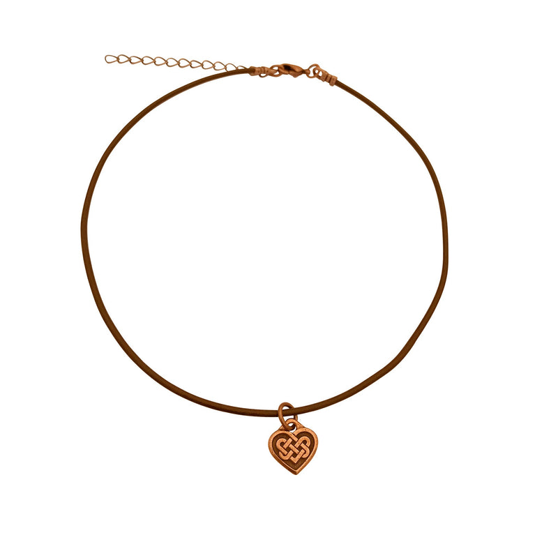 Dragonweave Celtic Heart Charm Necklace and Earring Set, Antique Copper Brown Leather Choker and Leverback Earrings