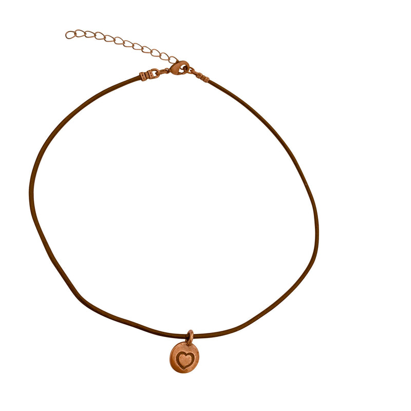 Dragonweave Heart Circle Charm Necklace and Earring Set, Antique Copper Brown Leather Choker and Leverback Earrings