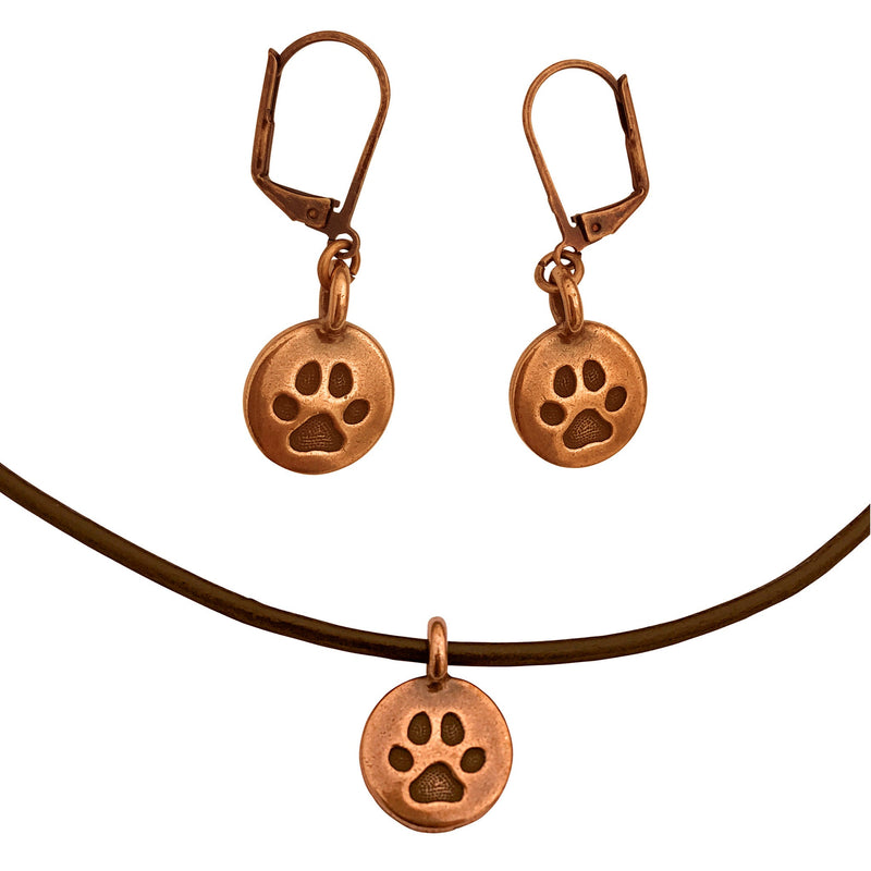 Dragonweave Paw Circle Charm Necklace and Earring Set, Antique Copper Brown Leather Choker and Leverback Earrings