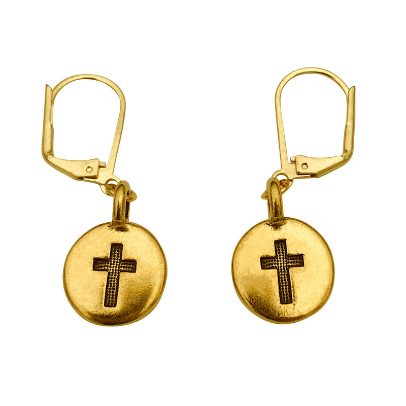 Dragonweave Cross Circle Charm Necklace and Earring Set, Gold Plated Black Leather Choker and Leverback Earrings