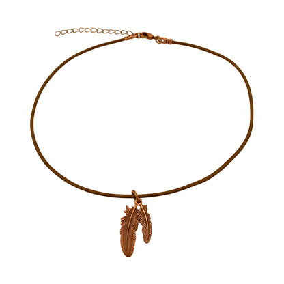 Dragonweave Feather Charm Necklace and Earring Set, Antique Copper Brown Leather Choker and Leverback Earrings