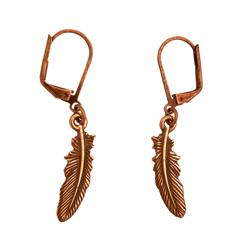 Dragonweave Feather Charm Necklace and Earring Set, Antique Copper Brown Leather Choker and Leverback Earrings