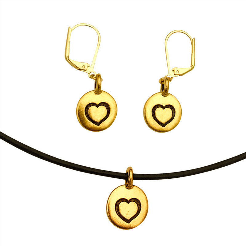 Dragonweave Heart Circle Charm Necklace and Earring Set, Gold Plated Black Leather Choker and Leverback Earrings