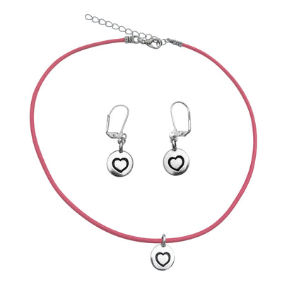 Dragonweave Heart Circle Charm Necklace and Earring Set, Silver Plated Pink Leather Choker and Leverback Earrings