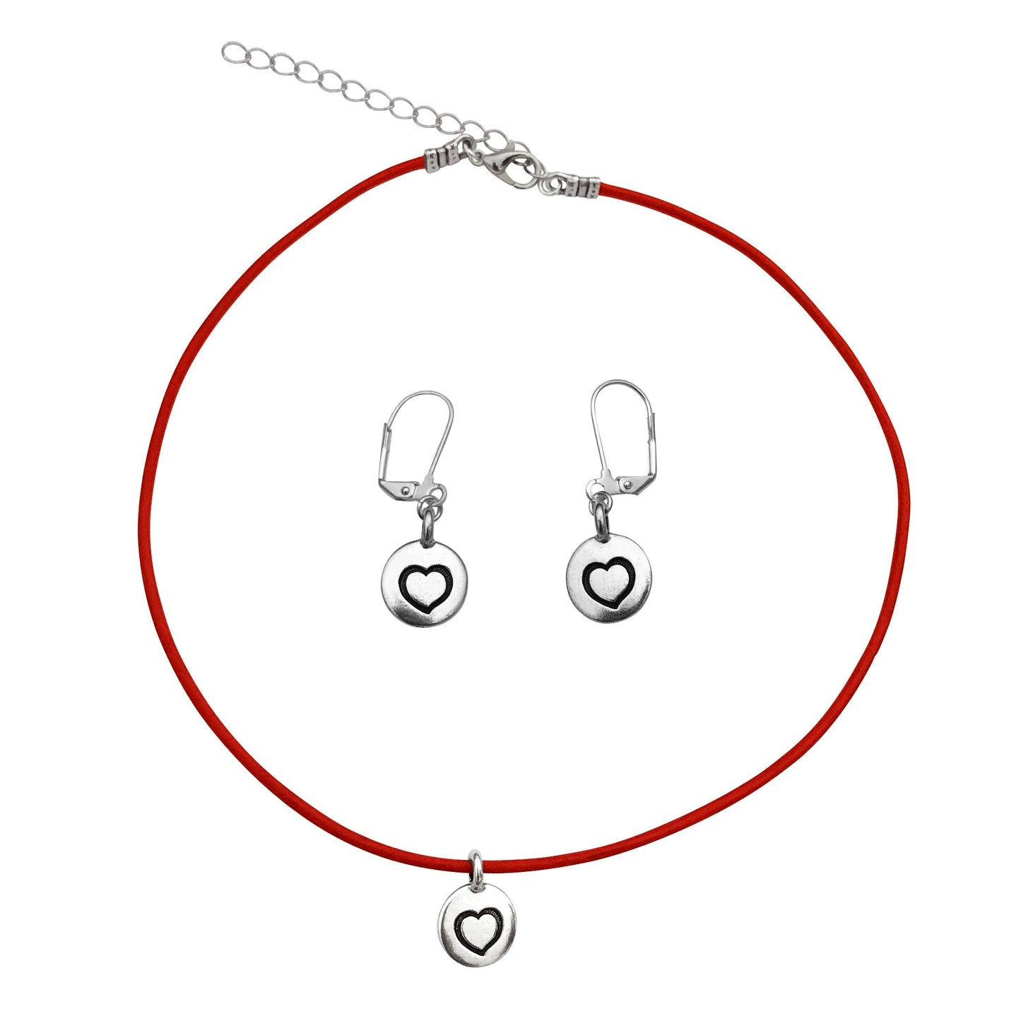 Dragonweave Heart Circle Charm Necklace and Earring Set, Silver Plated Red Leather Choker and Leverback Earrings