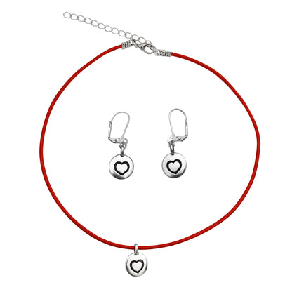 Dragonweave Heart Circle Charm Necklace and Earring Set, Silver Plated Red Leather Choker and Leverback Earrings