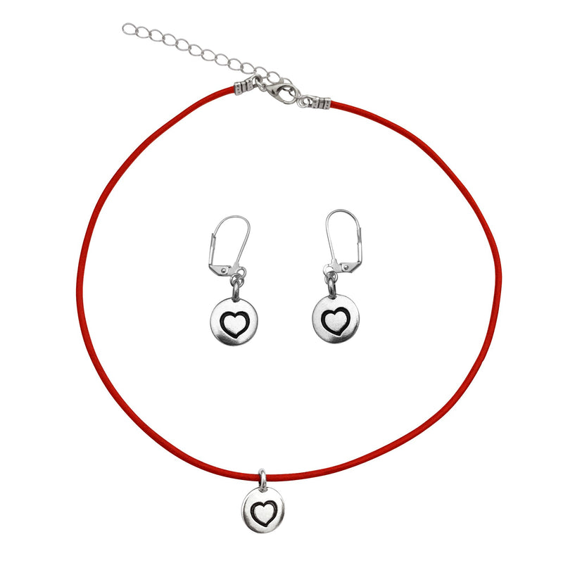 Dragonweave Heart Circle Charm Necklace and Earring Set, Silver Plated Red Leather Choker and Leverback Earrings