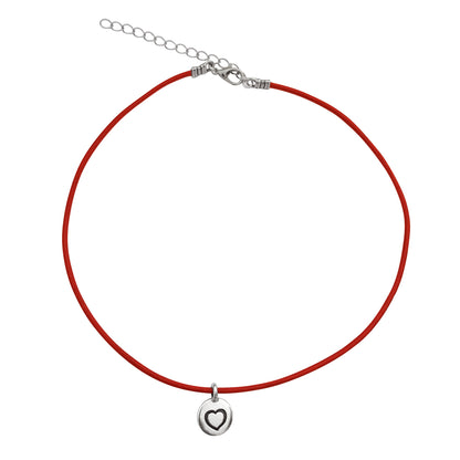 Dragonweave Heart Circle Charm Necklace and Earring Set, Silver Plated Red Leather Choker and Leverback Earrings