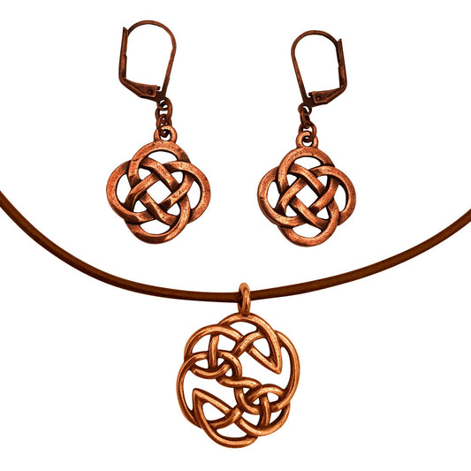 Dragonweave Celtic Open Knot Charm Necklace and Earring Set, Antique Copper Brown Leather Choker and Leverback Earrings