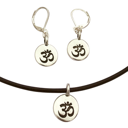 Dragonweave Om/ohm Symbol Circle Charm Necklace and Earring Set, Silver Plated Black Leather Choker and Leverback Earrings