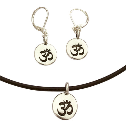 Dragonweave Om/ohm Symbol Circle Charm Necklace and Earring Set, Silver Plated Black Leather Choker and Leverback Earrings