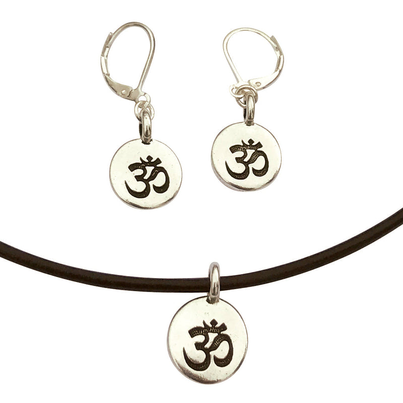 Dragonweave Om/ohm Symbol Circle Charm Necklace and Earring Set, Silver Plated Black Leather Choker and Leverback Earrings