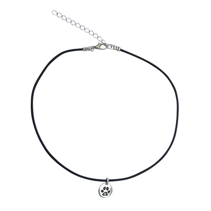 Dragonweave Paw Circle Charm Necklace and Earring Set, Silver Plated Black Leather Choker and Leverback Earrings