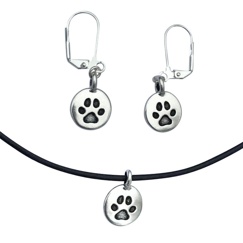 Dragonweave Paw Circle Charm Necklace and Earring Set, Silver Plated Black Leather Choker and Leverback Earrings