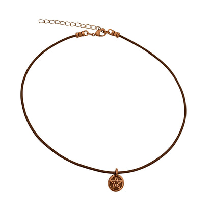 Dragonweave Pentagram Circle Charm Necklace and Earring Set, Antique Copper Brown Leather Choker and Leverback Earrings