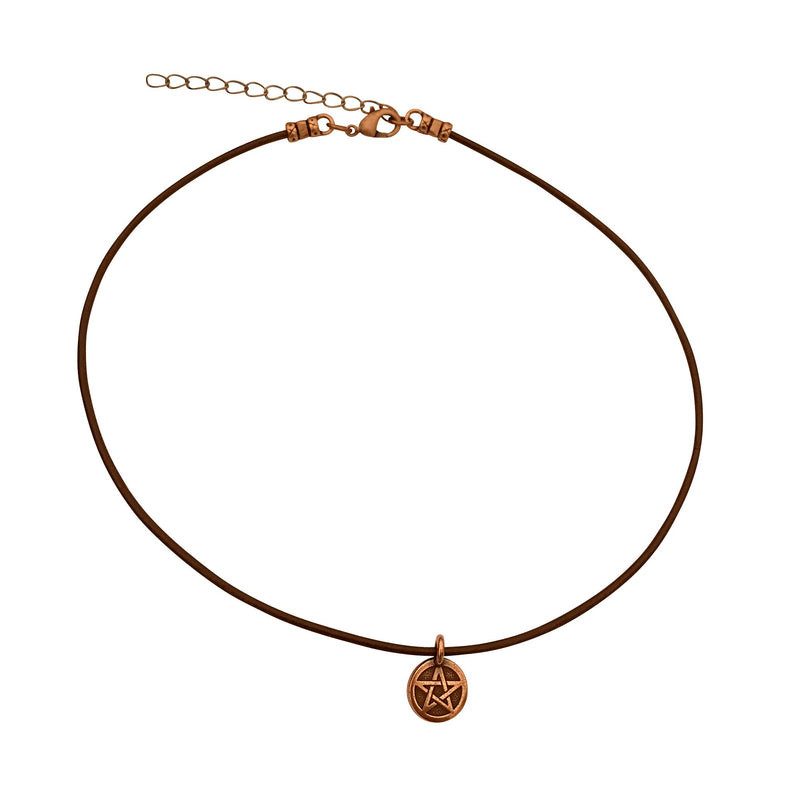 Dragonweave Pentagram Circle Charm Necklace and Earring Set, Antique Copper Brown Leather Choker and Leverback Earrings