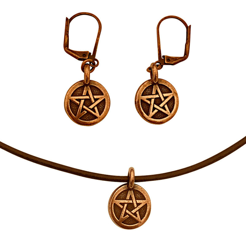 Dragonweave Pentagram Circle Charm Necklace and Earring Set, Antique Copper Brown Leather Choker and Leverback Earrings