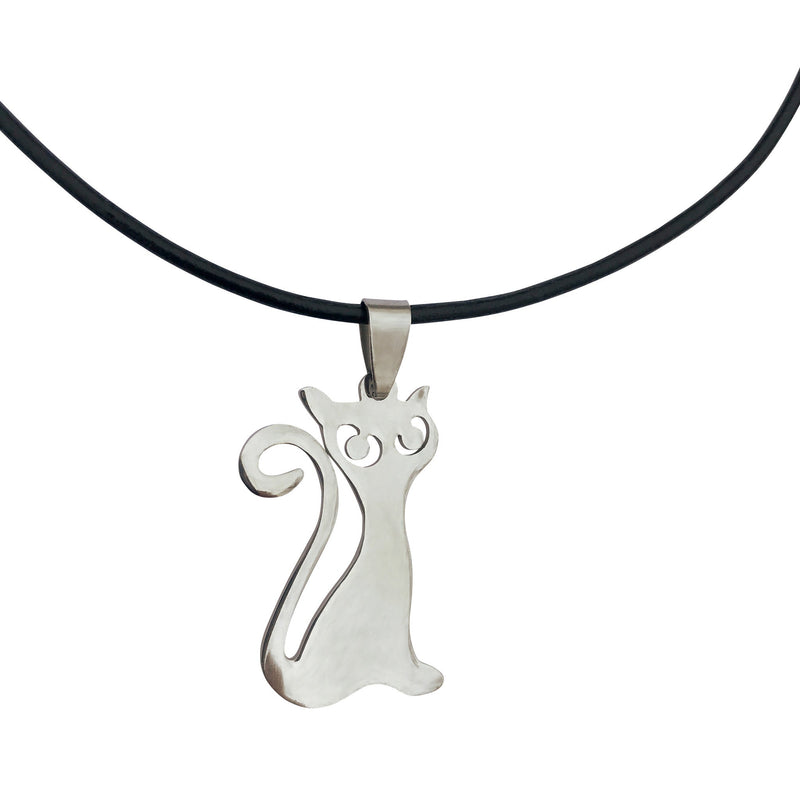 Dragonweave Steel Cat Pendant Necklace on Adjustable Black Leather Cord
