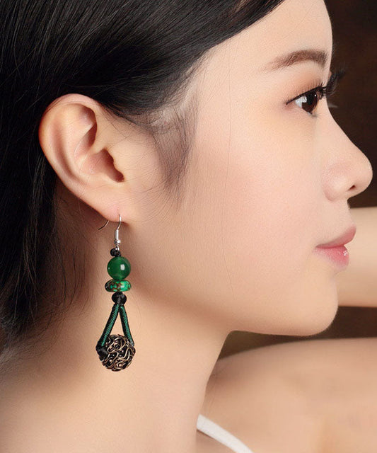 Blackish Green Sterling Silver Alloy Green Agate Emperor Stone Drop Earrings