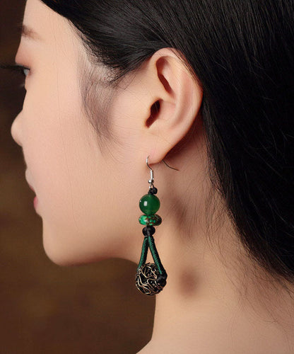 Blackish Green Sterling Silver Alloy Green Agate Emperor Stone Drop Earrings