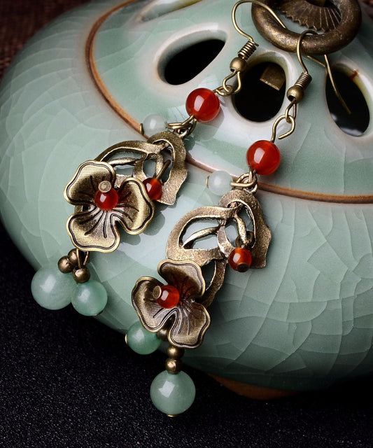 Copper Color Flower Fine Agate Metal Copper Drop Earrings