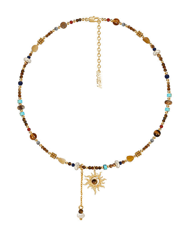 Gold Copper Allopy Pearl Agate Tiger's Eye Stone Pendant Necklace