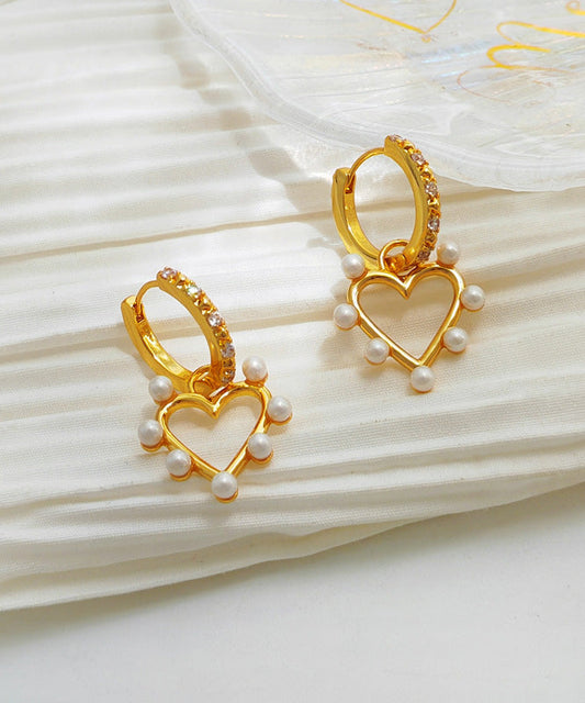 Gold Copper Overgild Inlaid Zircon Pearl Heart Hoop Earrings