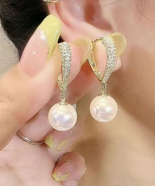 Gold Sterling Silver Alloy Inlaid Zircon Love Pearl Hoop Earrings