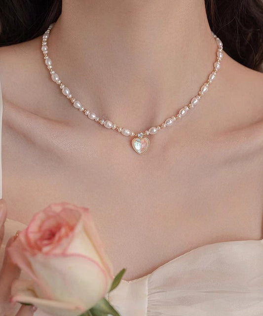 Gold Sterling Silver Overgild Crystal Love Pearl Pendant Necklace Kx1041