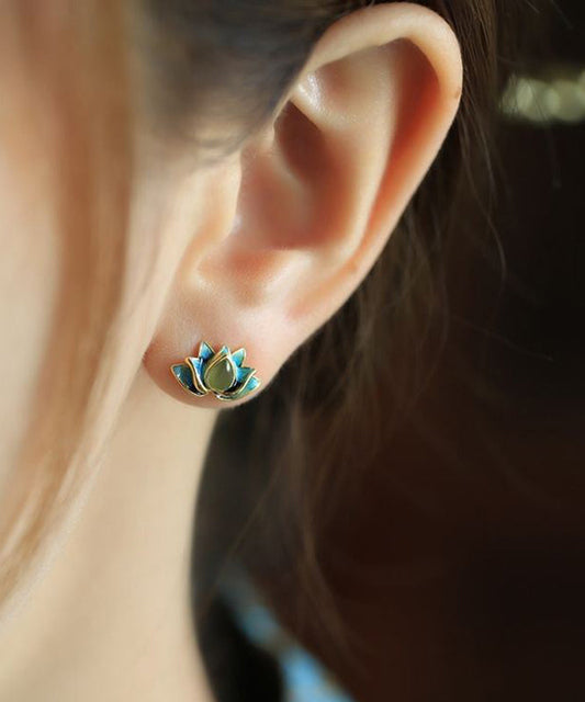 Gradient Color Blue Sterling Silver Jade Enamel Lotus Stud Earrings
