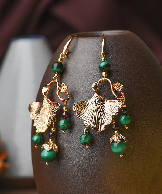 Green Malachite Ginkgo Leaf 14k Gold Drop Earrings