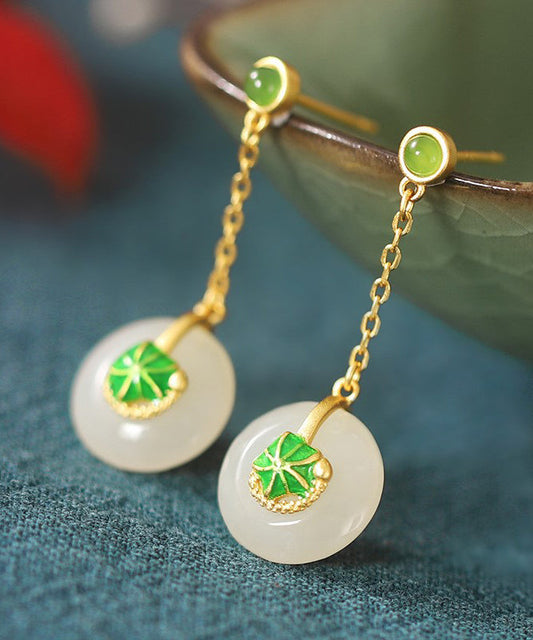 Green Sterling Silver Overgild Jade Lotus Drop Earrings