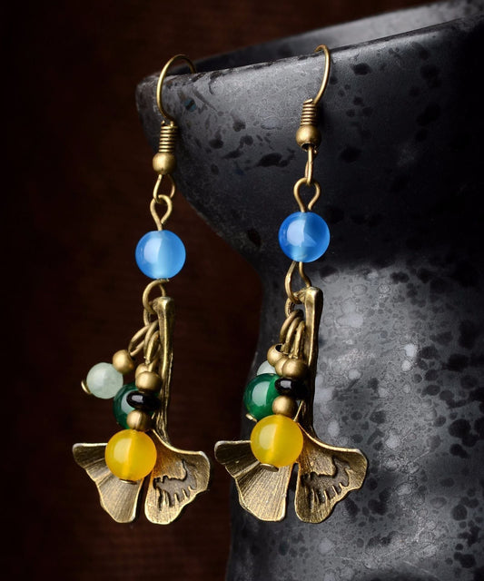 Multi Agate Ginkgo Leaf Made of Copper Drop Earrings