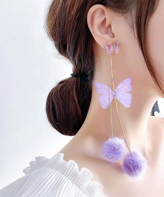Purple Overgild Crystal Mink Hair Butterfly Tassel Drop Earrings