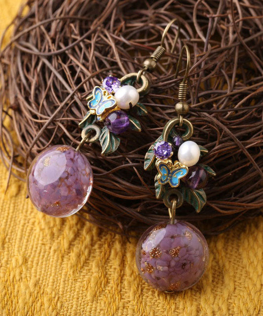 Purple Sterling Silver Zircon Jade Crystal Cloisonne Coloured Glaze Drop Earrings