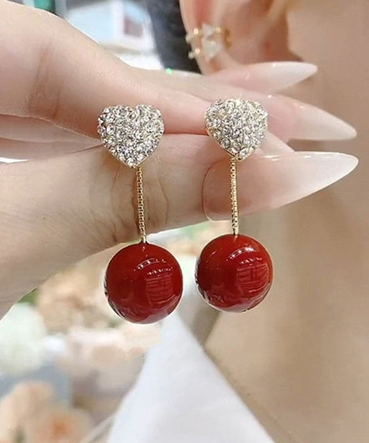 Red Sterling Silver Zircon Pearl Love Drop Earrings