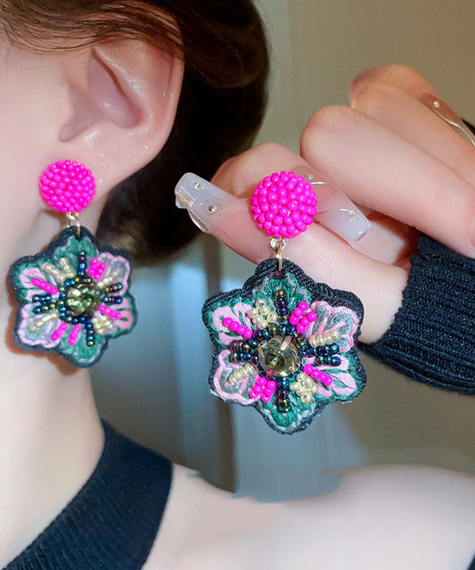 Rose Hand Woven Alloy Beads Embroidery Drop Earrings