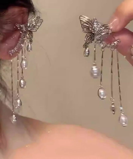 Silk Copper Zircon Pearl Butterfly Tassel Drop Earrings