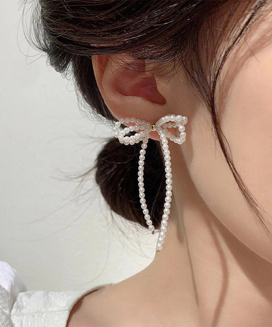 White Alloy Pearl Butterfly Tassel Drop Earrings