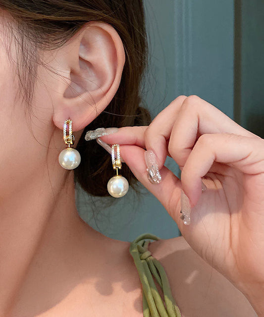 White Alloy Zircon Pearl Drop Earrings